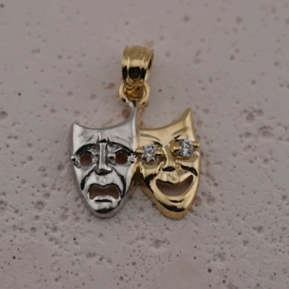 14k Solid Yellow Gold Comedy & Tragedy Pendant | Theatrical Artistry Charm |